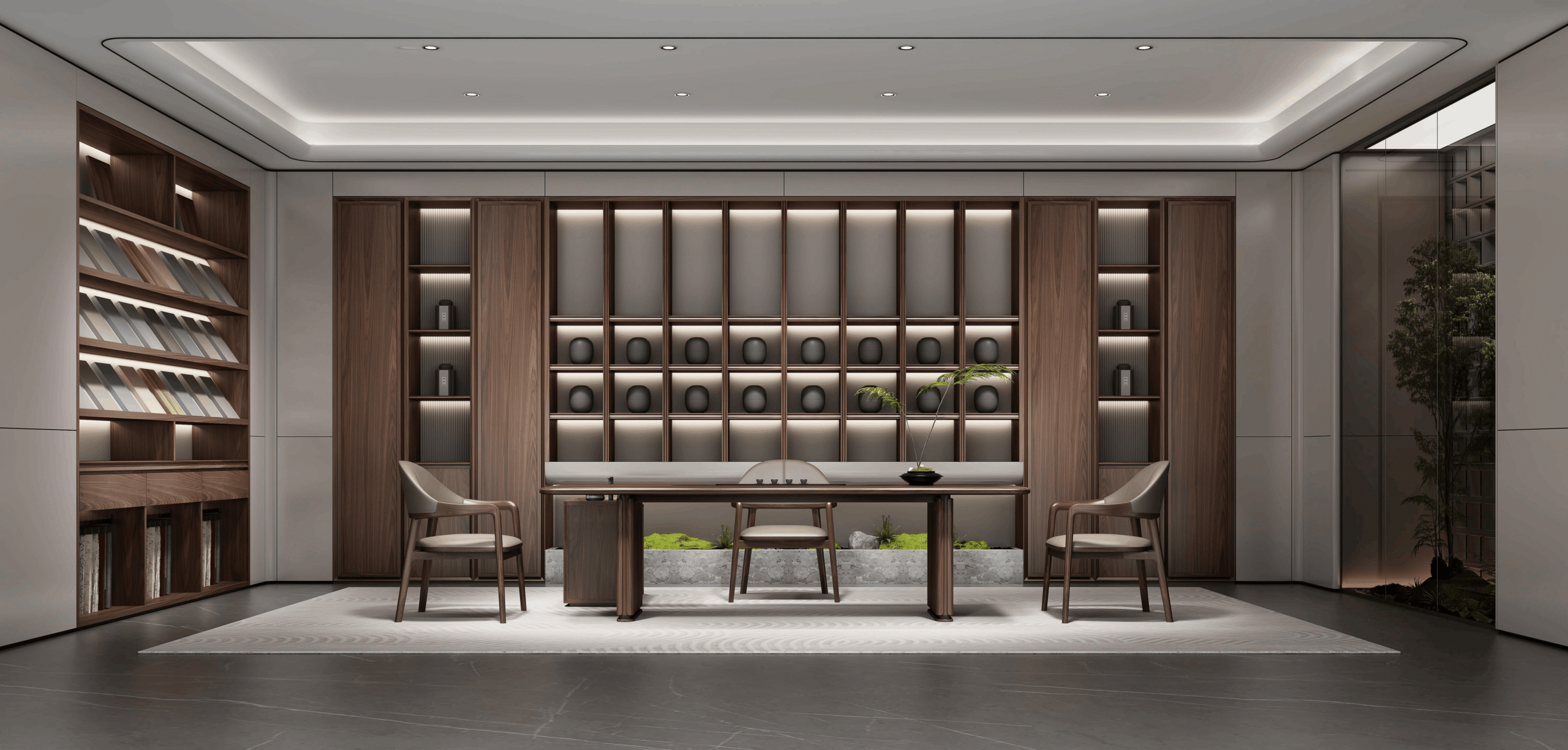 Home A serene and elegant Chinese-style home study room. The center features a dark wood desk with two matching chairs and a green plant. The backdrop is a luminous wall of lit wooden display grids containing decorative objects. A large, full-height dark wood bookcase filled with books stands to the left. The gray-tiled floor has a light-colored area rug, and the ceiling features simple strip lighting. A glass partition on the right reveals an interior greenery view, completing the tranquil, cultured, and sophisticated ambiance.