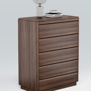 Home A minimalist dark brown wood grain five-drawer chest with a smooth surface and clean lines, conveying a steady and sophisticated style. On top, from left to right, are a transparent trumpet-shaped vase and two books, adding a touch of high-end fashion. The pure white background sharply contrasts with the furniture, highlighting the main product. The symmetrical composition and soft, even lighting emphasize the furniture's texture and design details.