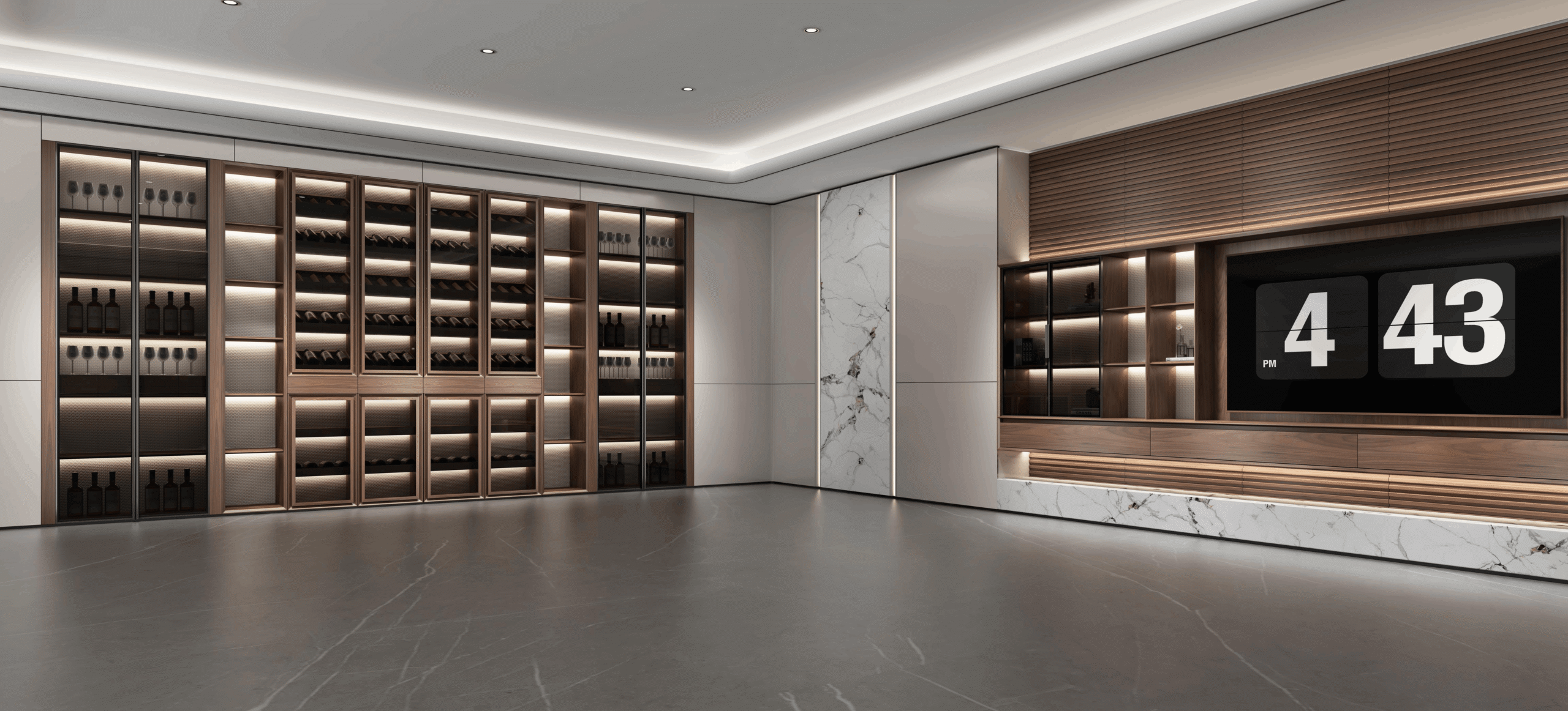 Home Modern platform bed with black leather headboard and footboard, raised on wooden feet.