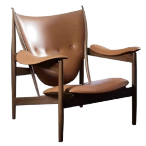 Home Modern brown leather armchair with a smooth dark wood frame and curved back.