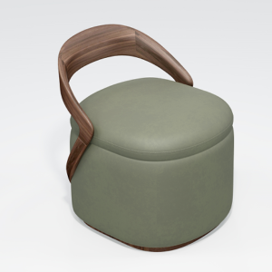 Home Modern round armchair with soft gray-green fabric and a curved dark wood arm.
