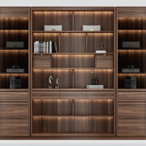 Home A modern dark wood bookshelf with a symmetrical three-section design (a wider central unit flanked by two identical sides). It features a combination of open shelves and closed cabinet spaces with doors. The shelves are styled with books and decorative objects, and the unit is illuminated by built-in warm-toned LED lighting, creating a cozy ambiance. The overall design is simple and elegant, and functional, suitable for a living room or study.