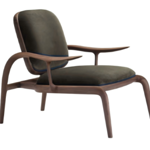 Home Modern armchair with a dark curved wood frame, dark textured fabric seat and back, and a contrasting light edge trim.