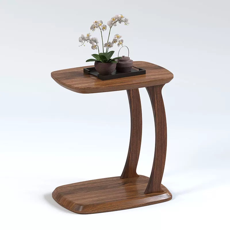 A modern side table with a minimalist and sculptural design. Crafted from dark wood, it features an irregular elliptical tabletop supported by a gracefully flowing S-shaped curved leg, which connects to a matching elliptical base. The table is styled with a dark tray holding a white orchid plant and a dark teapot. Isolated on a pure white background, the image highlights the table