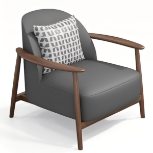 Home A modern gray leather armchair with rounded design, dark wood arms and legs, and a white geometric pillow.