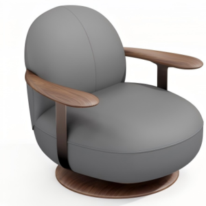 Home Modern gray fabric swivel armchair with rounded design, wood arms, and a circular wood base on a white background.