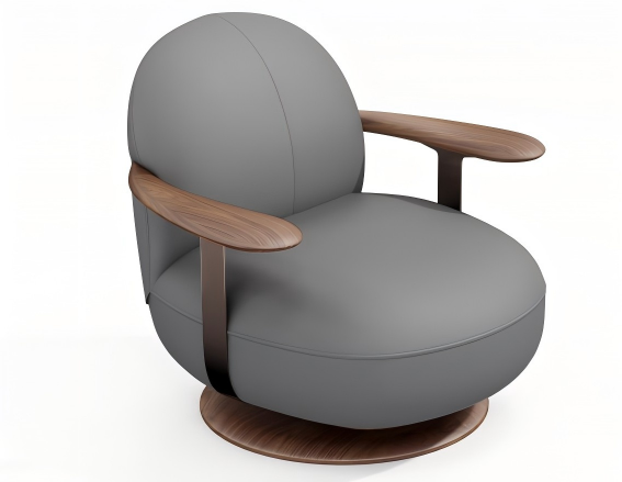 Home Modern gray fabric swivel armchair with rounded design, wood arms, and a circular wood base on a white background.