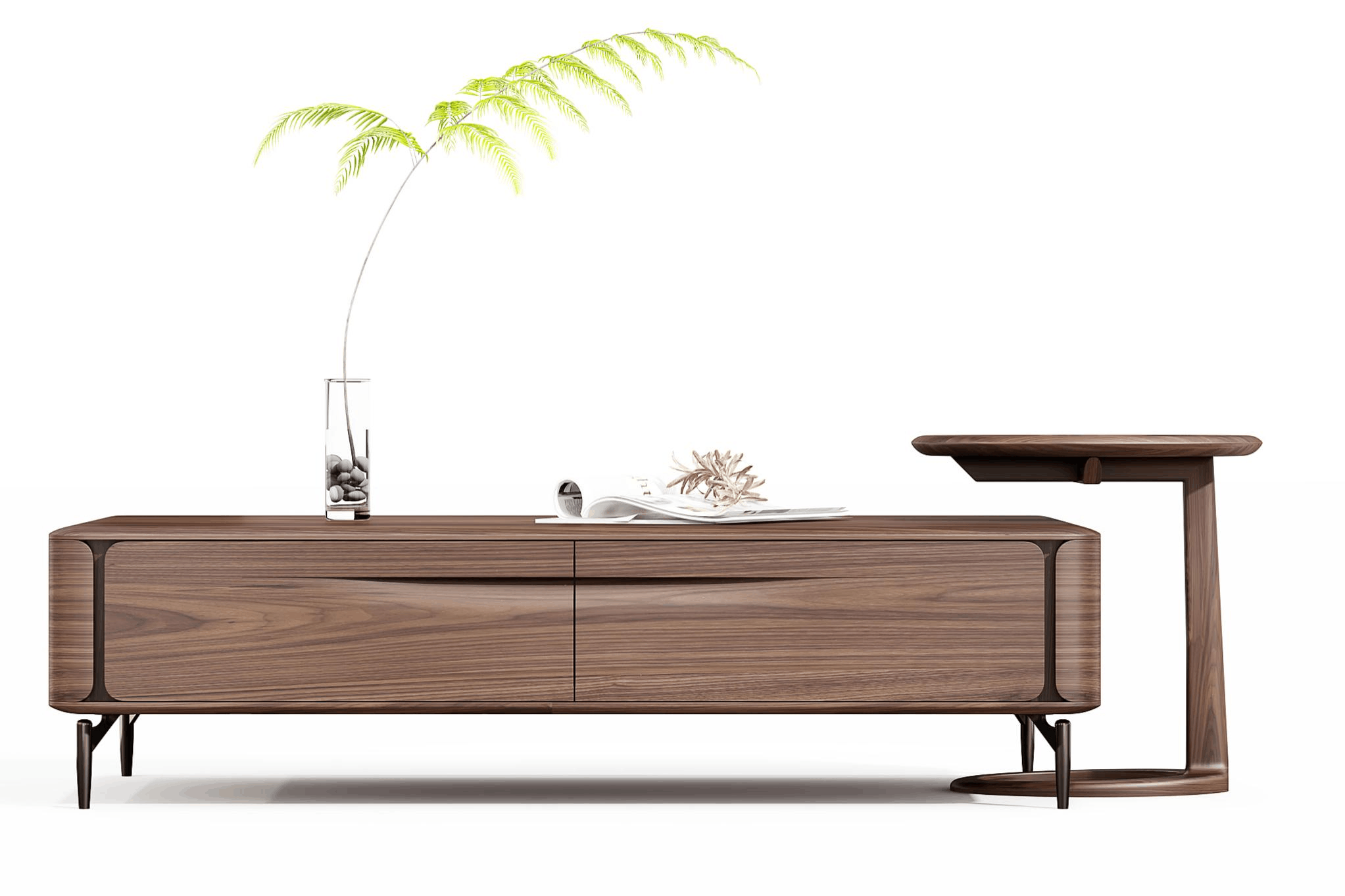 Home A warm and minimalist modern home interior detail. The image features a light wooden cabinet with four smooth drawers and four black legs, paired with a round wooden side table featuring curved, elegant legs. Decorations include a green plant in a clear glass vase, an open magazine, and some seashells placed on the surfaces.The overall color palette is dominated by soothing browns and natural tones, creating a cozy and serene atmosphere.