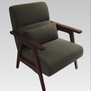 Home Modern armchair with thick olive green fabric cushions and dark brown wood frame on gray background.