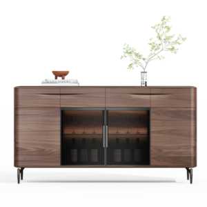 Home A modern sideboard or credenza from the XY8401 cabinet series. It features a rectangular body in a deep brown wood grain finish, elevated on slim black metal legs. The center section has two glass-front doors revealing neatly arranged wine bottles and glasses inside, while the top section includes drawers. The surface is styled with books and a brown ornament on the left and a green potted plant on the right. Set against a pure white background, the image highlights the piece's minimalist, stylish, and high-quality design.